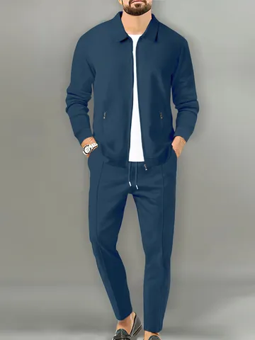 Men Jacquard Plaid Casual Suit Set Full Zip Lapel Jacket And Drawstring Pants Top And Bottom Comfortable Polyester Tracksuit