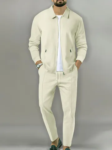 Men Jacquard Plaid Casual Suit Set Full Zip Lapel Jacket And Drawstring Pants Top And Bottom Comfortable Polyester Tracksuit