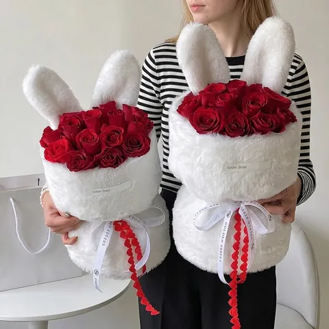 Plush Rabbit Ears Bouquet Packaging Material Soft Faux Fur Fabric For Valentine Day Flower Arrangement DIY Craft Decor Supplies