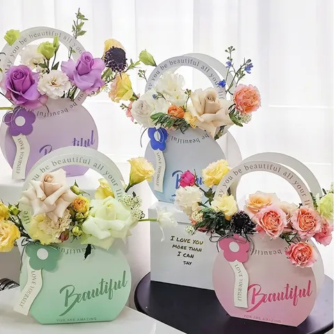Caja de Flores Redonda Portátil de Cartón Caja de Arreglos Florales de Mano para Regalo del Día de la Madre Decoración de Ramo