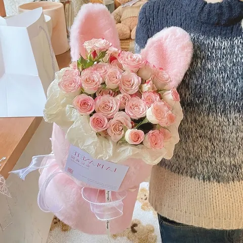Bunny Ear Plush Floral Hug Bucket Bouquet Packaging Fabric Thickened Artificial Rabbit Fur Flower DIY Valentine's Day Gift Decor