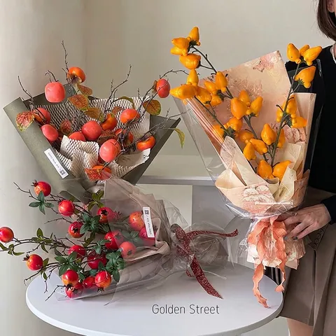 Artificial Pomegranate Persimmon Fruit Branches Lucky Cat Decorative Ornaments Home Living Room Table Plastic Fruit Branch Decor