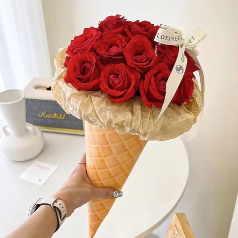 Creative Ice Cream Cone Shape Flower Wrapping Paper Thick Cardboard Mini Bouquet Gift Wrapping For Valentines Day Romantic Wedding Party Decorations