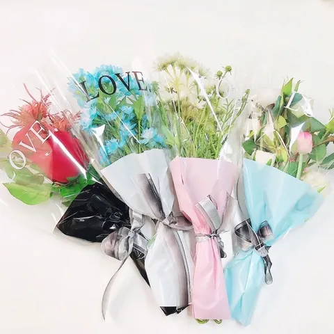 Ins Style Flower Bouquet Packaging Bag Waterproof OPP Plastic LOVE Print Flower Wrapping Paper For Valentine Day Wedding