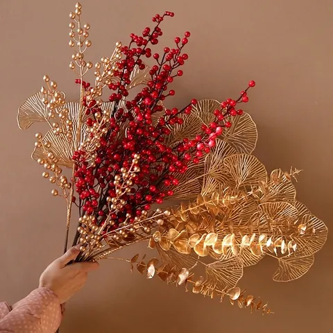 Golden Artificial Eucalyptus Ginkgo Leaf Stem Red Berries New Year Home Decoration Branch For Festive Living Room Decor Arrangement