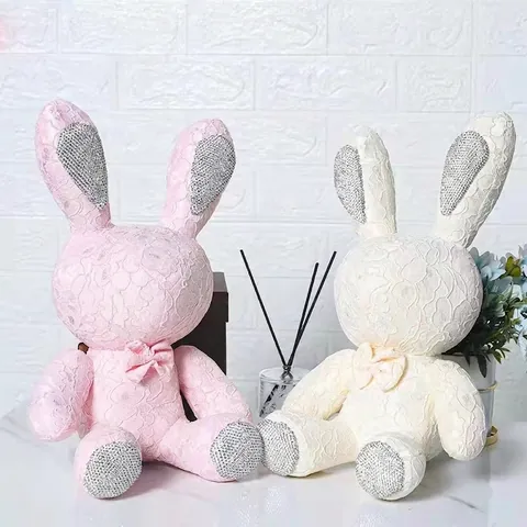 Figurine Lapin Ours en Fleurs de Rose Artificielles Avec Boîte Cadeau Dentelle Strass Peluche pour Cadeau de Saint-Valentin Anniversaire Décoration Maison