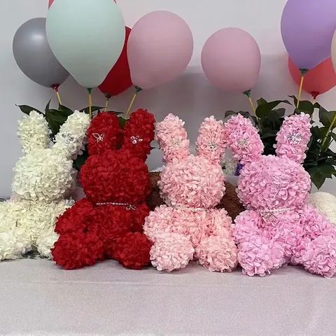Figurine Lapin Ours en Fleurs de Rose Artificielles Avec Boîte Cadeau Dentelle Strass Peluche pour Cadeau de Saint-Valentin Anniversaire Décoration Maison
