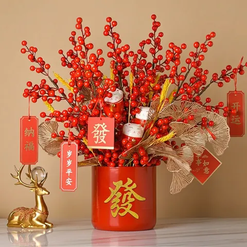 Ramo di Bacche di Agrifoglio Rosso Artificiale per Decorazioni di Capodanno Plastica Schiuma Fiori Finti Stelo di Melograno Casa Matrimonio Festa Ornamento