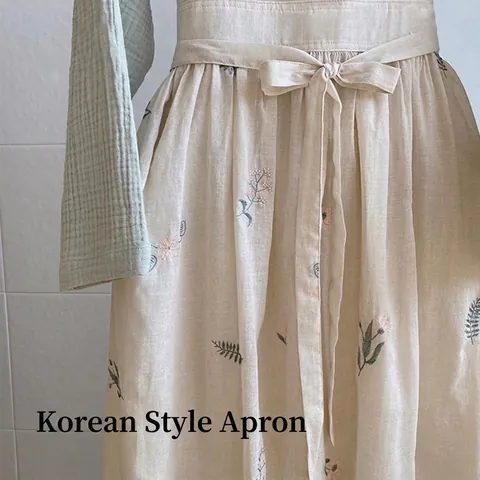 French Pastoral Cotton Linen Apron Retro Floral Embroidered Florist Workwear Simple Fresh Home Cooking Cross Back Pinafore for Women
