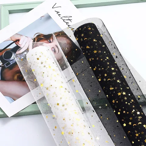 Tissu Décoratif en Maille de Tulle avec Motif Étoiles et Lune pour Emballage Floral de Bouquet DIY Mariage