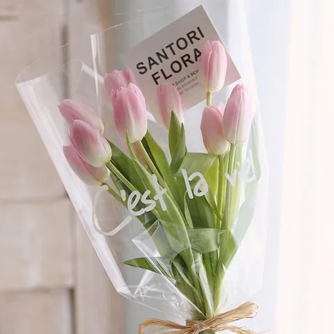 Trapezoidal Waterproof Clear Cellophane Flower Packaging Bags Minimalist English Printed Art Bouquet Gift Wrapping Supplies