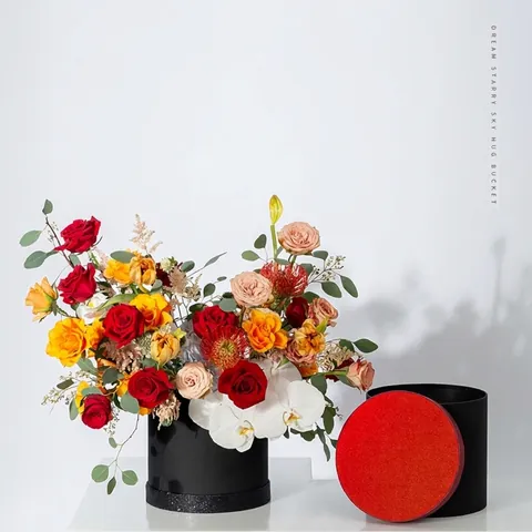 Round Flower Hugging Bucket Starry Sky Gift Box Glitter DIY Floral Packaging Boxes For Valentine's Day Wedding Party