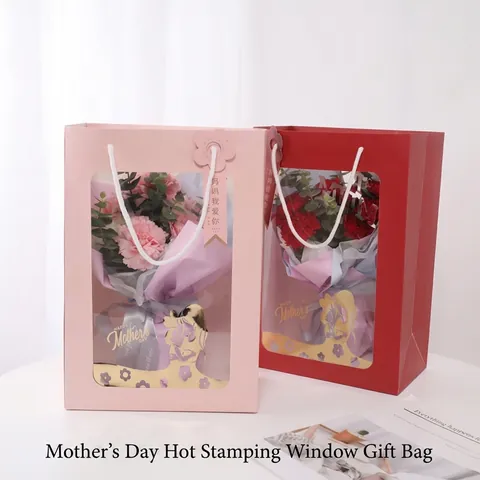 Portable Flower Bouquet Gift Bag With Heart Window White Cardboard Handheld Packaging Bag For Valentine's Mother's Day