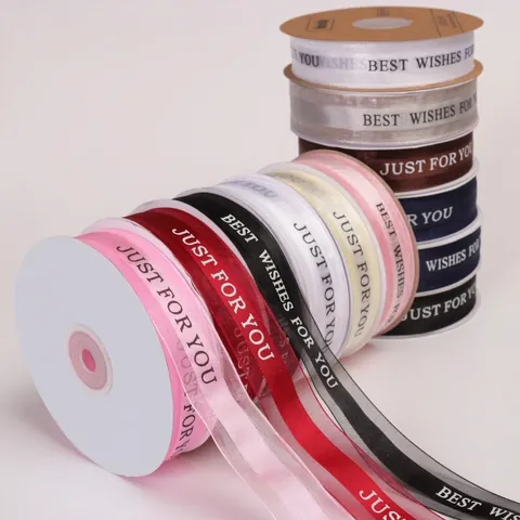 2.5cm Snow Gauze Ribbon With Just For You Letter Print Semi Transparent Organza Ribbon For Gift Flower Cake Decoration 40 Yards