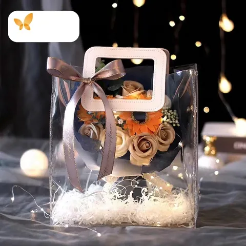 Transparente PVC Gelee Geschenktüte Wasserdicht Blumenstrauß Verpackung Handtasche Tragbarer Souvenir Beutel Mit Quadratischem Griff