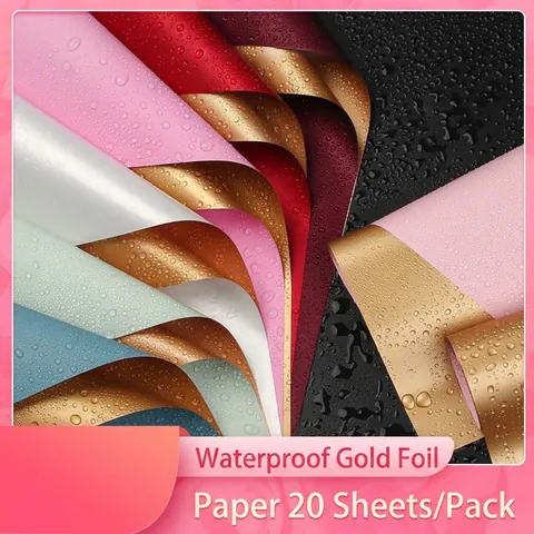 Double Sided Gold Edge Floral Wrapping Paper Waterproof Two Tone Flower Bouquet Packaging Material Decorative Paper For Wedding Birthday Celebration