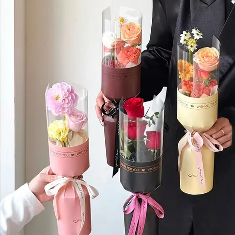 Flower Bouquet Packaging White Cardboard PVC Transparent Single Stem Wrapper For Valentine's Day DIY Floral Ribbon