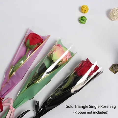 Single Rose Flower Packaging Bags Golden Triangle Cone Shape Waterproof OPP Material Flower Shop Gift Wrap Supplies For Mothers Day