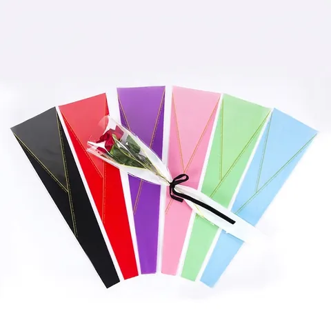 Single Rose Flower Packaging Bags Golden Triangle Cone Shape Waterproof OPP Material Flower Shop Gift Wrap Supplies For Mothers Day
