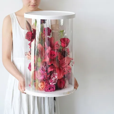Korean Clear Round Crystal Hug Bucket PVC Flower Cake Box Floral Gift Packaging With Lid And Base For Wedding Birthday Christmas