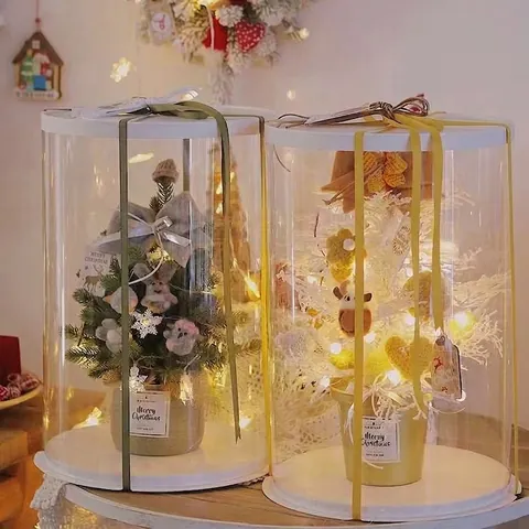 Korean Clear Round Crystal Hug Bucket PVC Flower Cake Box Floral Gift Packaging With Lid And Base For Wedding Birthday Christmas