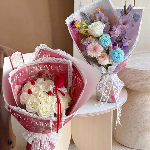 Papel para Envolver Flores con Borde de Encaje Floral Vintage Papel de Seda de Cáñamo Ramo Rosa Caballero Material DIY