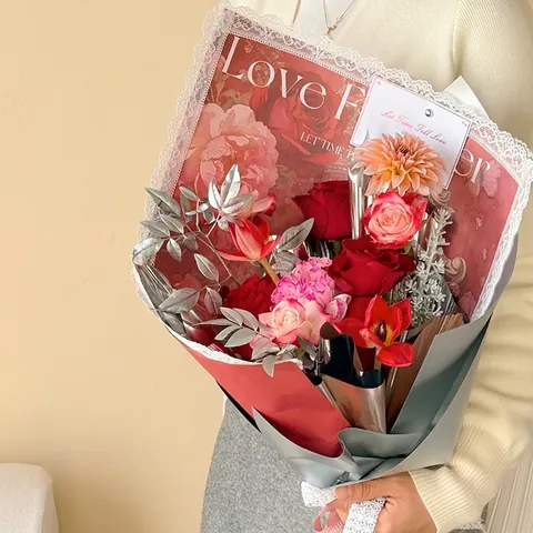 Papel para Envolver Flores con Borde de Encaje Floral Vintage Papel de Seda de Cáñamo Ramo Rosa Caballero Material DIY