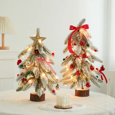 Simulation Snow Flocked Christmas Tree With Solid Wood Base Tabletop Ornaments For Home Office Christmas Party Decoration DIY Kit