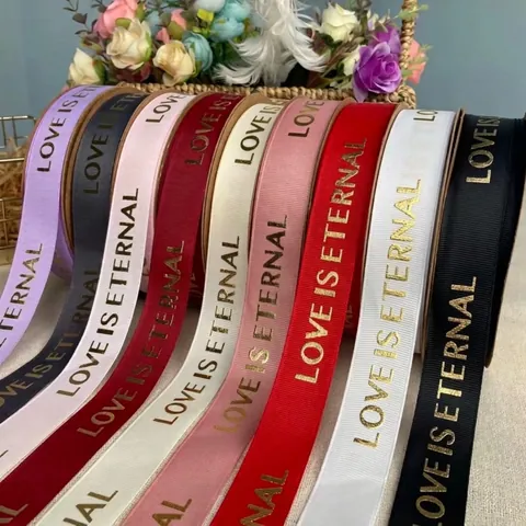 Romantic Gold Foil Grosgrain Ribbon With Love Is Eternal Text For Flower Packaging Gift Wrapping Cake Decoration DIY Craft