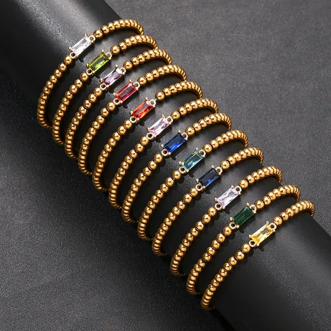 Stainless Steel 18K Gold Plated Bead Bracelet For Women Rectangle Zirconia Birthstone Elastic Beaded Hand Chain Bracelet Jewelry
