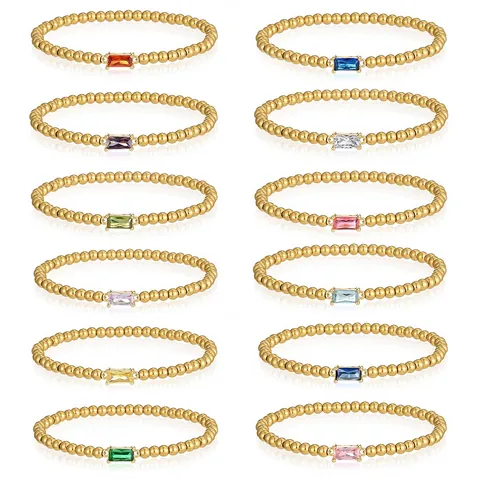 Stainless Steel 18K Gold Plated Bead Bracelet For Women Rectangle Zirconia Birthstone Elastic Beaded Hand Chain Bracelet Jewelry