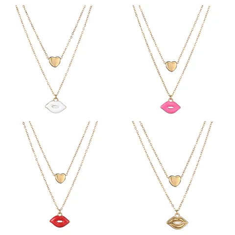 Gold Plated Stainless Steel Double Layered Heart Lip Pendant Necklace Stylish Layered Fine Chain Jewelry Gift For Women