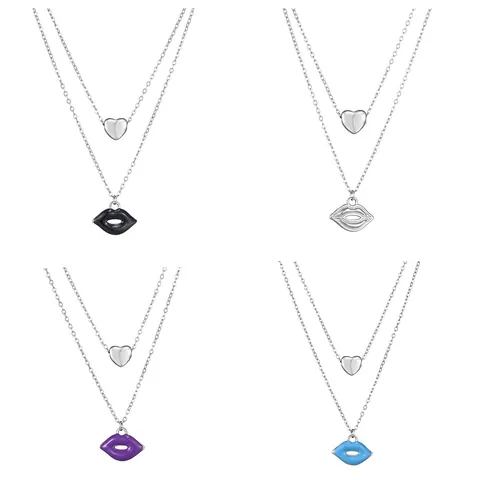 Double Layer Stainless Steel Heart Lip Enamel Pendant Necklace Minimalist Chic Clavicle Chain Jewelry For Women Gift
