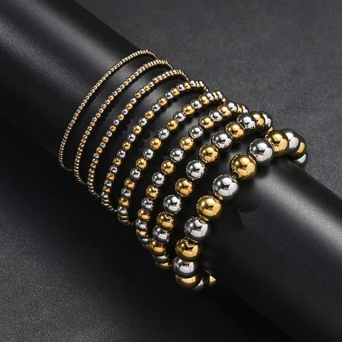 Minimalist Stainless Steel Mixed Gold Silver Round Bead Elastic Bracelet For Women Waterproof Polished Metallic Texture Beaded Hand Chain Fashion Jewelry Gift