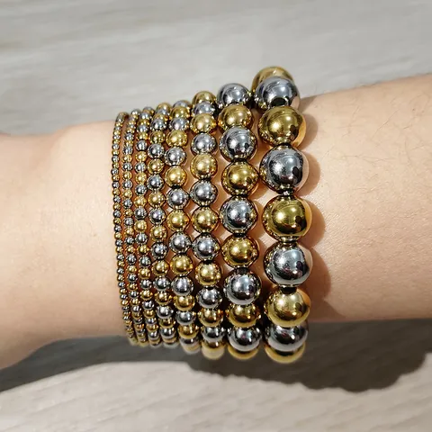 Minimalist Stainless Steel Mixed Gold Silver Round Bead Elastic Bracelet For Women Waterproof Polished Metallic Texture Beaded Hand Chain Fashion Jewelry Gift