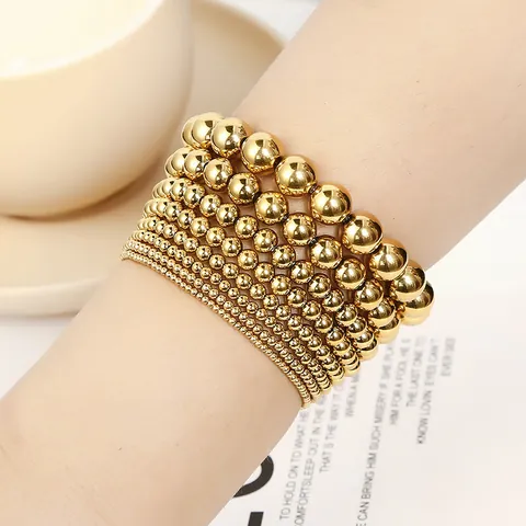 Modern Stainless Steel Gold Plated Beaded Elastic Bracelet Minimalist Geometric Round Ball Stretch Bracelet For Women Jewelry