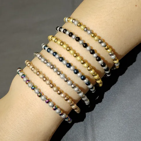 Stainless Steel Sand-blasted Shiny Mixed Color Bead Elastic Bracelet For Women Waterproof Non-fading Hand Chain Jewelry Gift