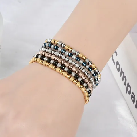 Stainless Steel Sand-blasted Shiny Mixed Color Bead Elastic Bracelet For Women Waterproof Non-fading Hand Chain Jewelry Gift