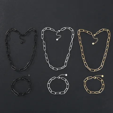 Minimalist Stainless Steel Paperclip Chain Jewelry Set Waterproof Non-Fading Bamboo Chain Necklace Bracelet For Women Men