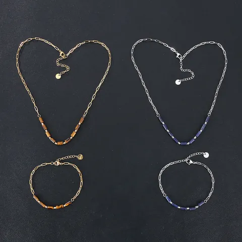Stainless Steel Tiger Eye Lapis Lazuli Paperclip Chain Jewelry Set Waterproof Non-Fading Natural Stone Necklace Bracelet For Women
