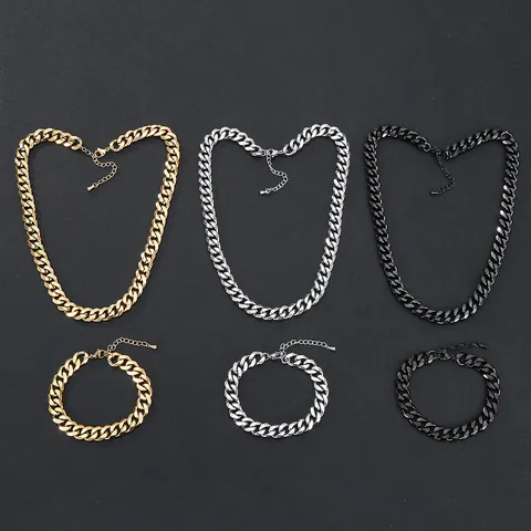 Stainless Steel Cuban Link Necklace Bracelet Waterproof Wear Resistant Gold Silver Black Curb Chain Hip Hop Jewelry For Men Women