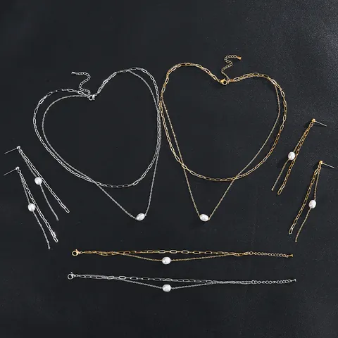 Freshwater Pearl Stainless Steel Jewelry Double Layer Chain Necklace Bracelet Bangle Dangle Earrings For Women Jewelry