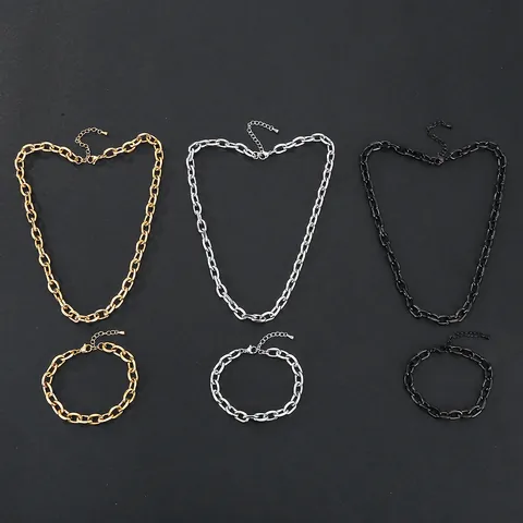 Stainless Steel Curb Chain Necklace Bracelet Jewelry Set Waterproof Vacuum Electroplated Beveled Link Chain Jewelry For Men Women Daily Accessory
