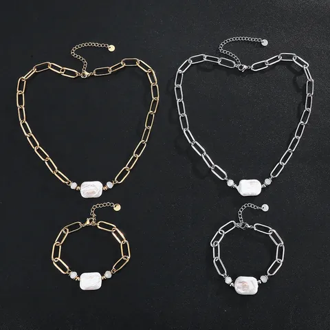 Waterproof Stainless Steel Rectangular Freshwater Pearl Necklace and Bracelet Set For Women Fashion Jewelry Jewelry Set