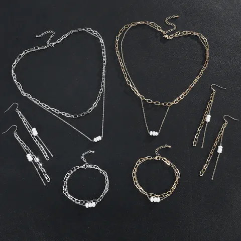 Waterproof Stainless Steel Jewelry Set For Women Double Row Chain Freshwater Pearl Necklace Bracelet Long Drop Earrings
