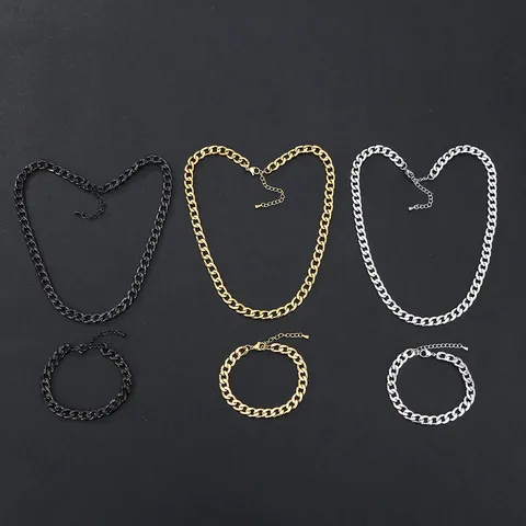 Unisex Stainless Steel Cuban Link Chain Necklace Bracelet Set Fashion Hip Hop Style Waterproof Electroplated Jewelry For Men Women