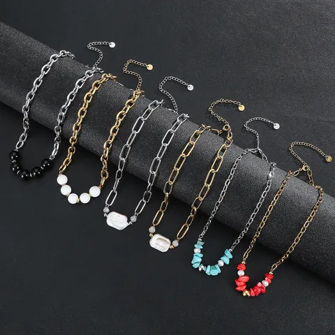 Stainless Steel Paperclip Chain Necklace For Women Baroque Freshwater Pearl Turquoise Stone Pendant Gold Silver Jewelry