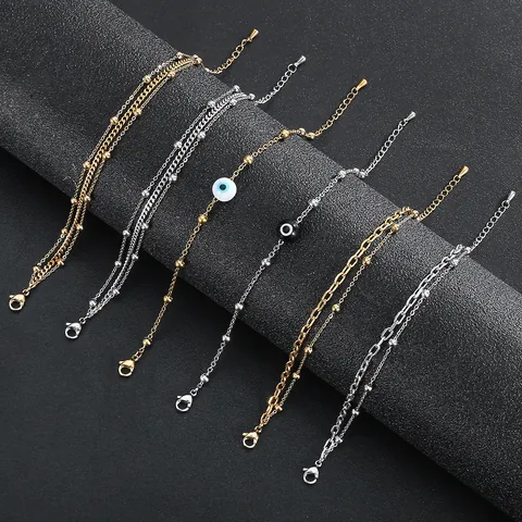 Stainless Steel Evil Eye Layered Bracelet For Women 18K Gold Plated Waterproof Double Row Bead Chain Fashion Jewelry Gift