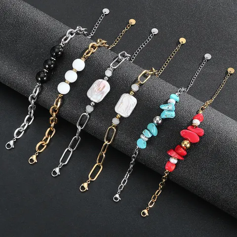 Waterproof Stainless Steel Bracelet For Women Freshwater Pearl Natural Stone Inlaid 18K Gold Plated Chain Fashion Jewelry