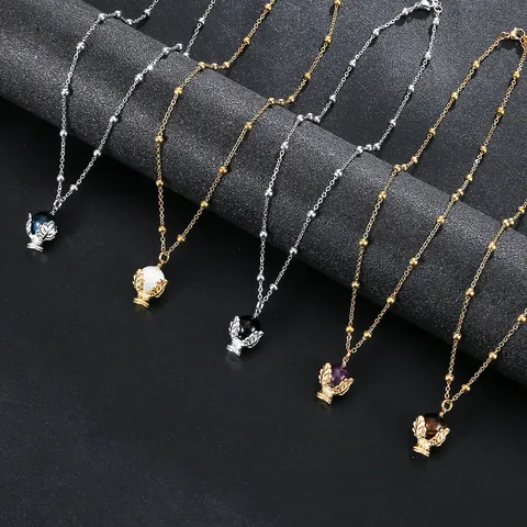 Stainless Steel Natural Stone Pendant Necklace For Women Gold Silver Leaf Lotus Flower Design Vintage Jewelry Gift